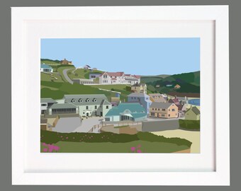Hope Cove, Devon. Village and Beach Illustration Digital Print