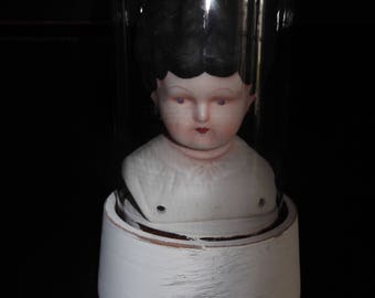 vintage doll music box globe, antique porcelain doll head under glass