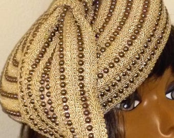 tan pillbox, toffee braid trim, chocolate brown flatback pearl beads string, handmade item