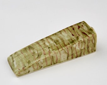 Porcelain door wedge,ceramic,decorative,art object,home decor,handmade,unique design,green,yellow,glazed,contemporary accessory,paperweight,
