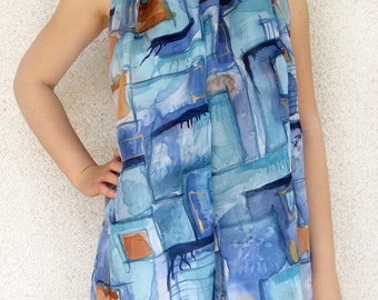 Silk scarf, Hand made silk scarf, Hand painted silk scarf, Plaid silk scarf, Unique silk scarf gift, Blue orange scarf, Most popular item