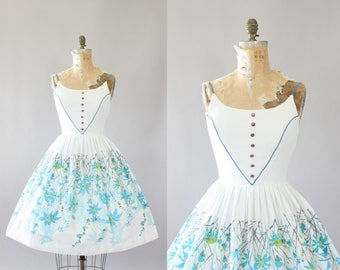 Vintage 50s Dress/ 1950s Cotton Dress/ White Cotton Piqué Floral Border Print Dress w/ Spaghetti Straps S