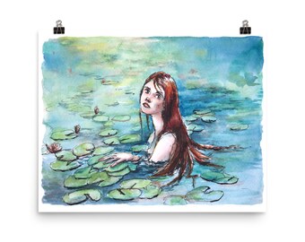 The Pond - Mermaid Fine Watercolor Art Print Poster - Water Spirit / Water Lily Pond / Gift for Singers / Loreley