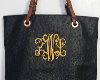 Monogrammed black faux ostrich tote/purse/handbag