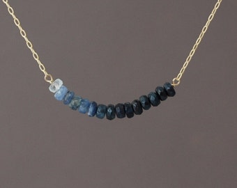 Real Blue Sapphire Ombre Beaded Necklace Gold Rose Gold or Silver