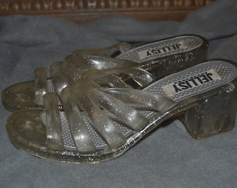 Vintage 90s Glittery Clear Platform Jelly Sandals by Jellisy Size 7 1/2-8