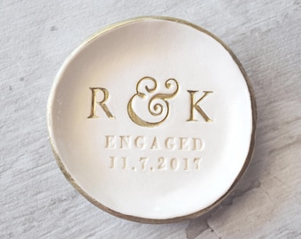 ENGAGEMENT RING DISH personalized ring holder, gold initials dish, engagement gift, engaged ring dish, rose gold ring holder, ceramic plate
