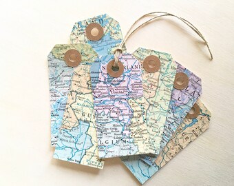 Pastel Map Tags, Travel Theme Wedding, Shower, Party Favor Tags, Gift Tags, Kraft Reinforcements, Cream Cardstock Backing, Rustic, Set of 12