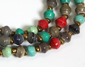 Extra Small/Paper Bracelet Single Stretch/mini-bead red, gray, green/Recycled/DN-BR-1S