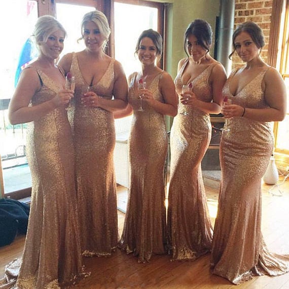 Stunning sequin rose gold bridesmaid dress,long bridesmaid dress,v-neck bridesmaid dress, BD0443