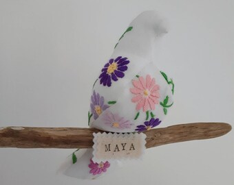 Fabric bird, textile bird, vintage linen bird mobile, 3D bird, embroidered bird, stuffed bird, wedding gift, personalised decoration.