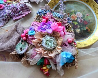 Bohemian wrist wrap cuff bracelet shabby chic cuff beaded embroidered gypsy fairy artsy cuff mori girl Marie Antoinette