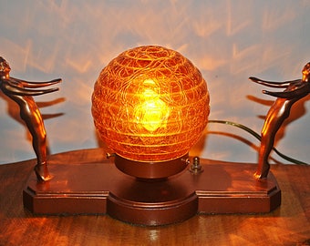 Art Deco Table Lamp, Vintage Lamp With Amber Globe Shade, Bronze/Gold-Tone Cast Metal Lamp