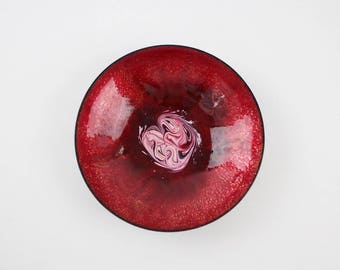 Vintage Copper Enamel bowl - Red Pink Swirl - Mid Century Modern Abstract Art Trinket Dish