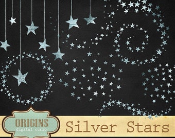 Silver Stars Clipart, Glitter Clip Art, Silver foil stars, Celestial Clipart, starry night sky PNG Digital Instant Download Commercial Use