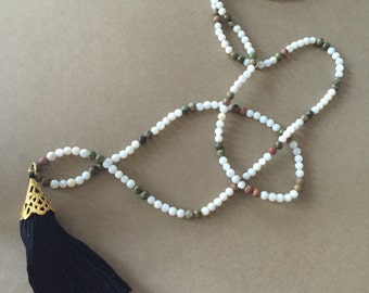 Green and White Tassel Necklace