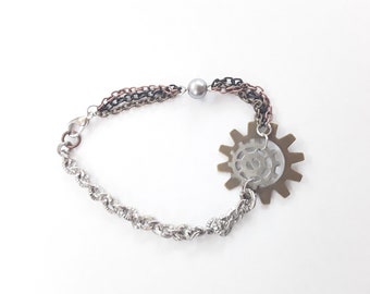 Steampunk Gears, Chains and Gray Glass Pearl Bracelet