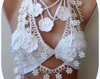 White lace neck scarf lariats Summer scarf Super Elegant Crochet flower necklace scarf White scarf, Guipure scarf, fringe, white lariats