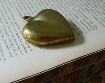 Vintage Solid Brass Puffy Heart. Pendant. Antique Brass.