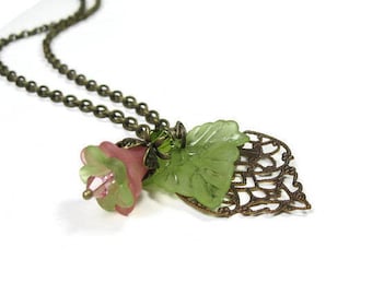 Flower and Leaf Necklace, Pink and Green Necklace, Swarovski Crystal, Summer Jewelry, Antique Brass Jewellery, Soft Pastels, Boho Chic