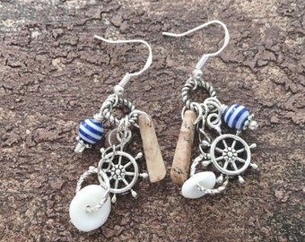 Nautical Earrings, Nautical Jewelry, Dangle Earrings, Ladies Earrings, Stone Earrings, Handmade Earrings, Pierced, Sterling Earwires