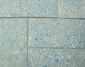 Textured Subway Tile, 1 square foot,Sky Blue glaze, Bubble design, handmade tile for fireplace kitchen or bath
