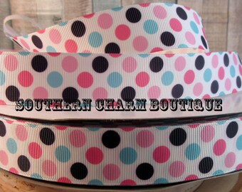 3 yards pink/teal/navy polka dot grosgrain ribbon