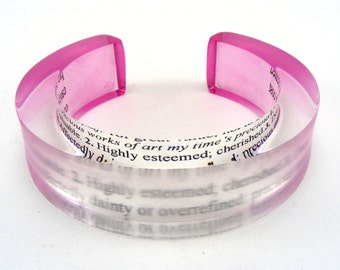 Cuff Bangle Pink with Text, Chunky cuff With writing, bright pink