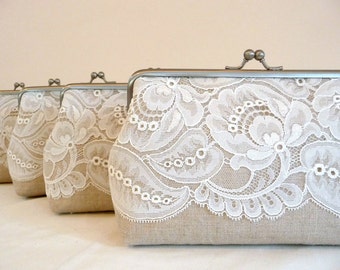 Bridesmaid Clutch Leaf Lace Set of 5, Set of 6 or 7, Lace Bridesmaid Clutch Gift, Personalized Wedding Clutch, Bridesmaid Purse 7-Inch Clasp
