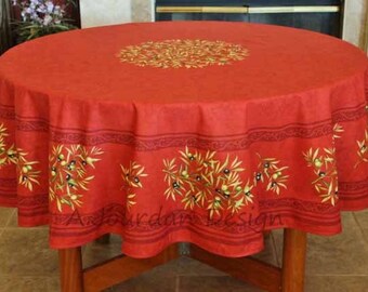 French Provence PETITE OLIVE RED Acrylic Coated Round Tablecloth - French Oilcloth Stain Resistant - Table Decor Gifts - Napkins Available