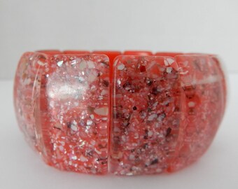 Large Red lucite confetti stretch bracelet/ bangle/ vintage/retro/art deco/chunky