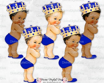 Royal Bright Blue Little Prince Vintage Baby Boy Ornate Gold Crown | 3 Skin Tones | Clipart Instant Download