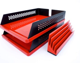 S O L D || 3-Piece Designer Desk Set || REXITE || Mod Red & Black File Trays + Mail Sorter || Panton Era Décor