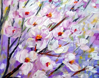 Magnolia Flowers 60x36 Original Painting on Canvas Art by Luiza Vizoli White Purple Pink Floral