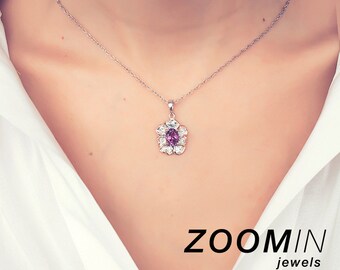 Amethyst Flower Pendant Necklace, Silver Floral Necklace, Floral Jewelry, Bohemian Jewelry, Purple Jewelry, Anniversary Gift, Gift for Her