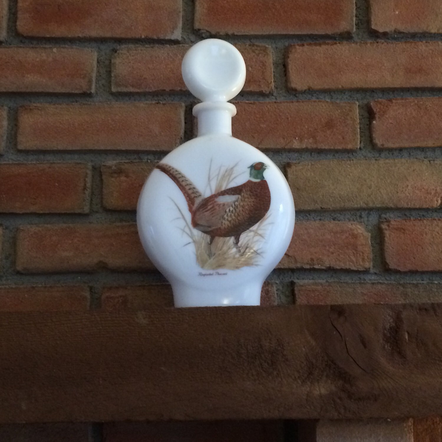 Vintage Milk Glass Decanter. Hand Painted Pheasant signed by A Singer