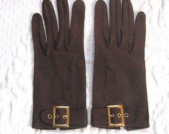 suede gloves . brown suede gloves . size XS . narrow hand . embossed leather glove . NOS