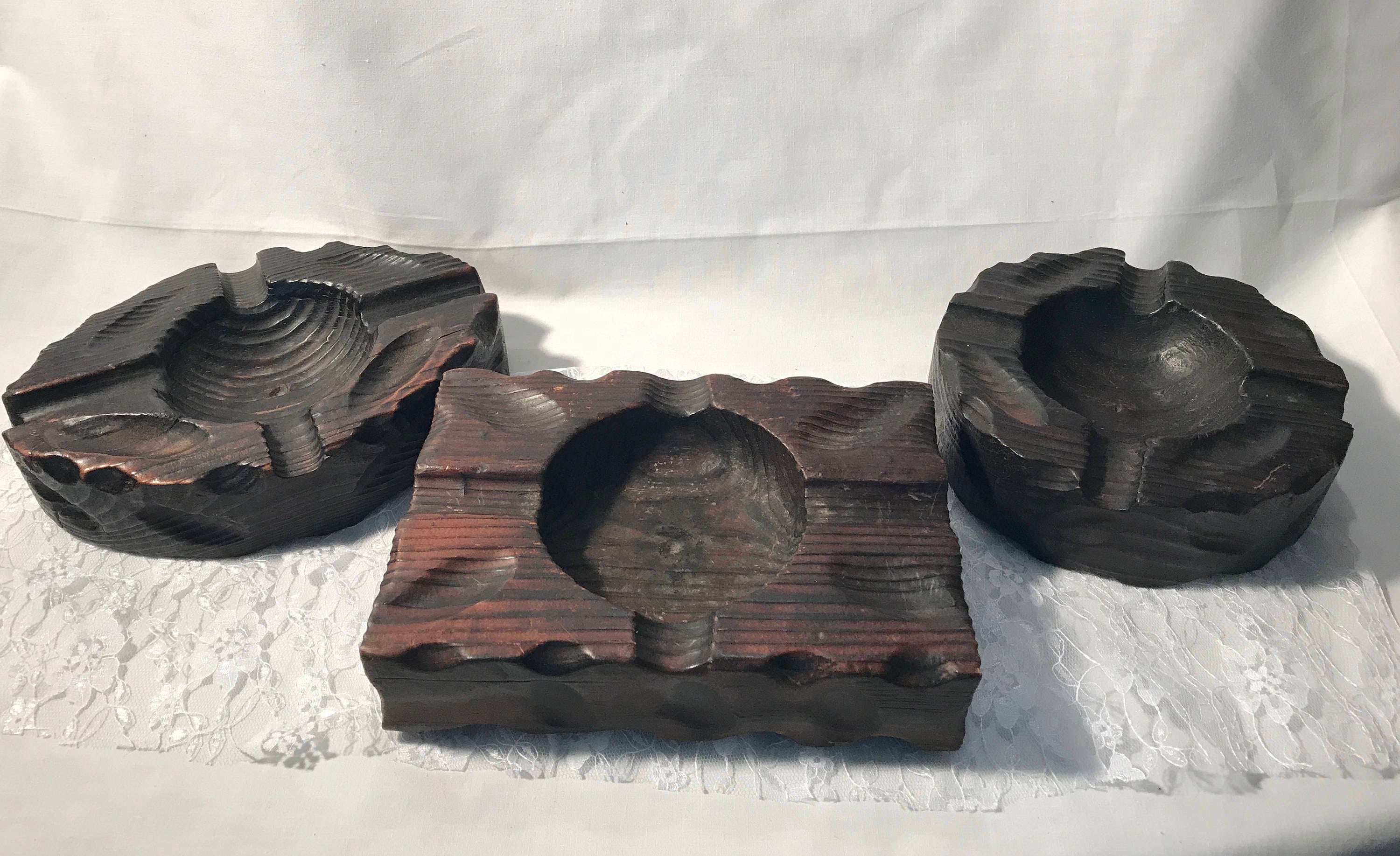 set of 3 vintage lobeco handcrafted dark wooden rustic ashtrays spain retro wood carved ashtray set smoking lounge cabin cafe decor