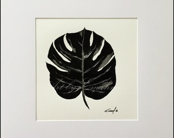 Original Painting, Tropical Art, Abstract Painting, black and silver Modern Painting on Paper, 12"x12"