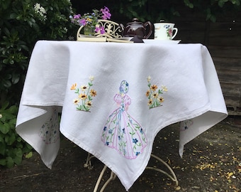 Vintage Crinoline lady tablecloth, embroidered white linen, 51 x 49, yellow flowers
