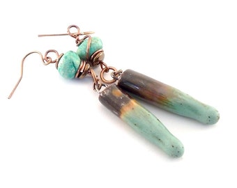 Handmade Turquoise and Brown Earrings, Ceramic Earrings, Wire Earrings, Boho Earrings, Artisan Earrings, Long Earrings, Copper, AE146