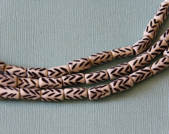 Bone Tube Beads with Feather Design - B+H 036