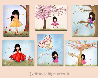 Set of 6 art prints for girls room, kids room decor, art posters, art for girls room, nursery prints, girl bedroom artwork,childrens art