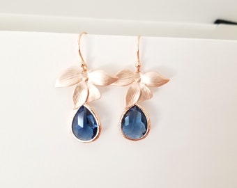 Sapphire Navy flower Rose Gold Drop Earrings, Dangle earrings bridesmaid gifts, Wedding jewelry, Statement Jewelry, Statement earrings