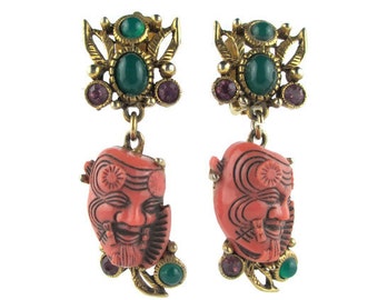 SELRO Devil Earrings/Salmon Coral Okina (Hakushikijyo) Earrings/ Noh Mask Rhinestone Earrings/ Selro Selini Gold Tone Earrings