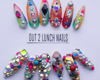 Rainbow, Gemstone, colourful, unicorn, embelished, Hand painted, Nail art, false nails, fake nails, glitter, gel nails, acrylic, rhinestones