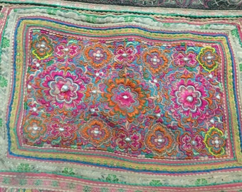 Vintage tribal Hmong embroidered silk cotton baby carrier in Dien Bien area