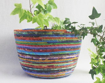 Fabric Coiled Basket / Rope Bowl / Plant Pot / Coiled Clothesline Extra Large Round Jewel Tones by PrairieThreads