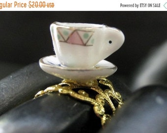 SUMMER SALE Porcelain Teacup Ring. Pastel Geometric Tea Cup Ring. Gold Filigree Adjustable Ring. Handmade Jewelry.