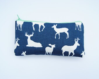 Deer makeup bag, deer pencil pouch, mint and navy bag, zipper pouch, makeup brush bag, preppy makeup bag, elk bag, small coin purse